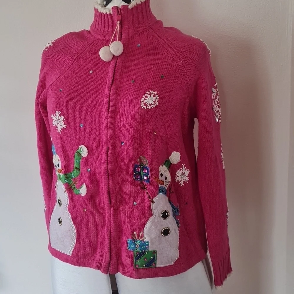 Christmas Ugly Pink Snowman Embellished Sweater Medium - Picture 8 of 14